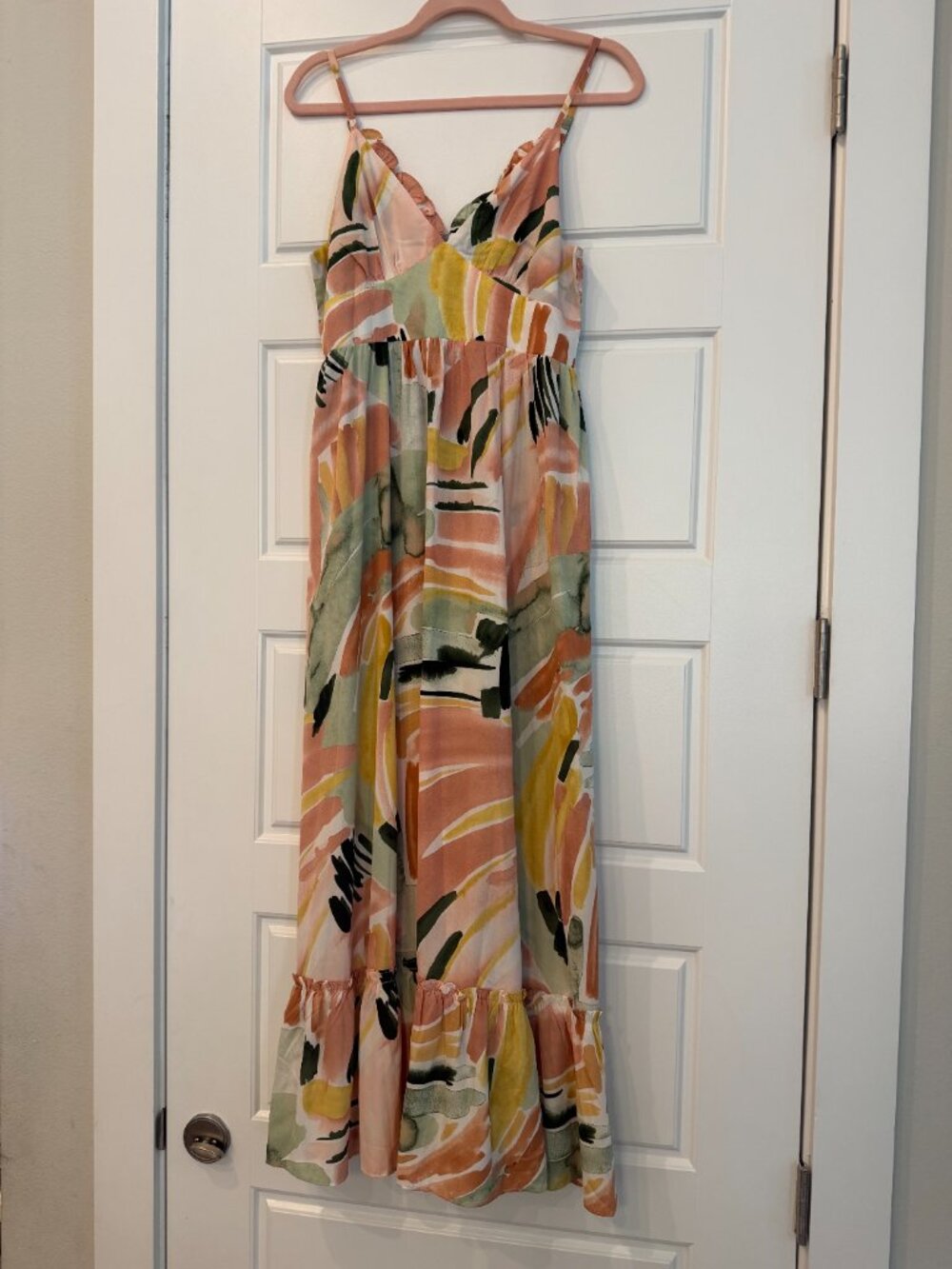 Abstract Watercolor Floral Tiered Maxi Dress Peach Sage Sleeveless (Medium)